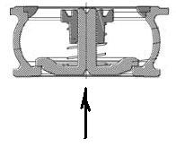 Схема ( в разрезе) обратный клапан межфланцевый тарельчатый с пружиной и диском (тарелкой). 