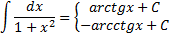 Формула неопределенного интеграла, формула первообразной, интеграл, равный как арктангенсу, так и арккотангенсу. таблица первообразных, таблица интегралов