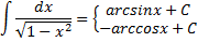 Формула неопределенного интеграла, формула первообразной, интеграл, равный как арксинусу, так и арккосинусу таблица первообразных, таблица интегралов